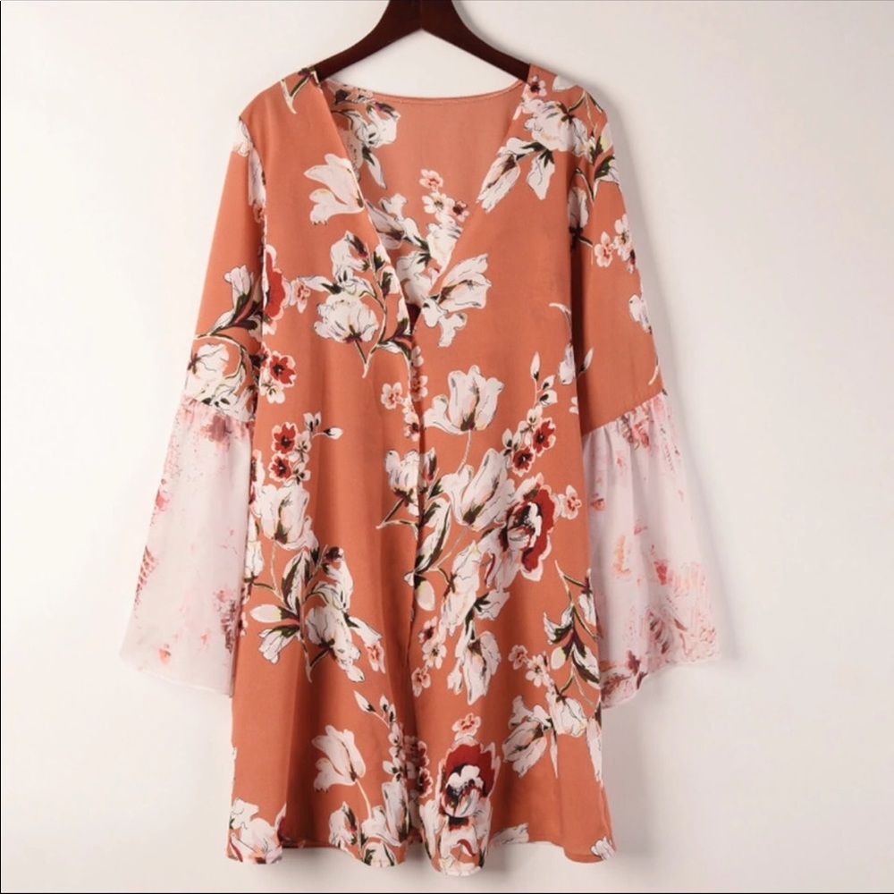 Boho Floral Blooms Rustic Orange Kimono - Picture 7 of 8